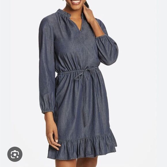 DRAPER JAMES | Chambray Long Sleeve Tie Waist Popover Dress Women’s Size X-Small - Picture 1 of 11
